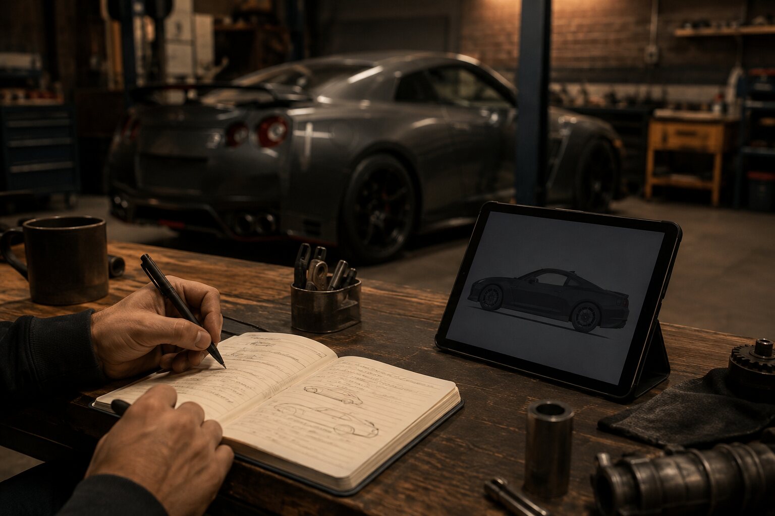 An enthusiast planning a car build at a specialist workshop