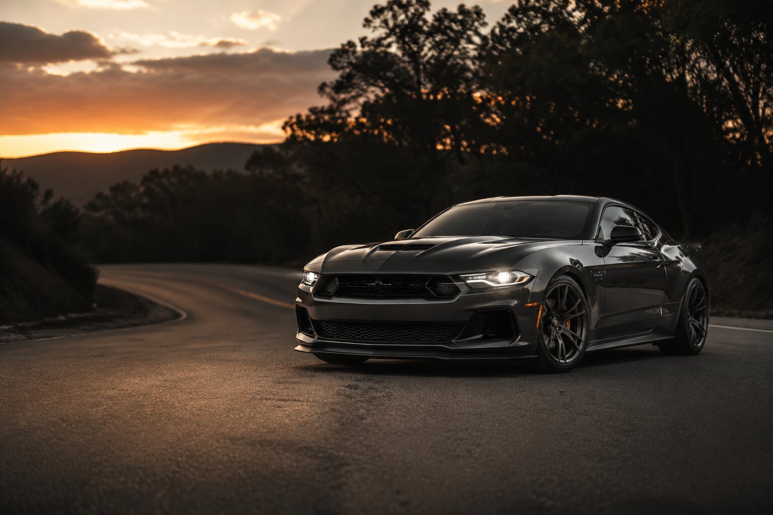 Graphite performance coupe on a winding road at sunset
