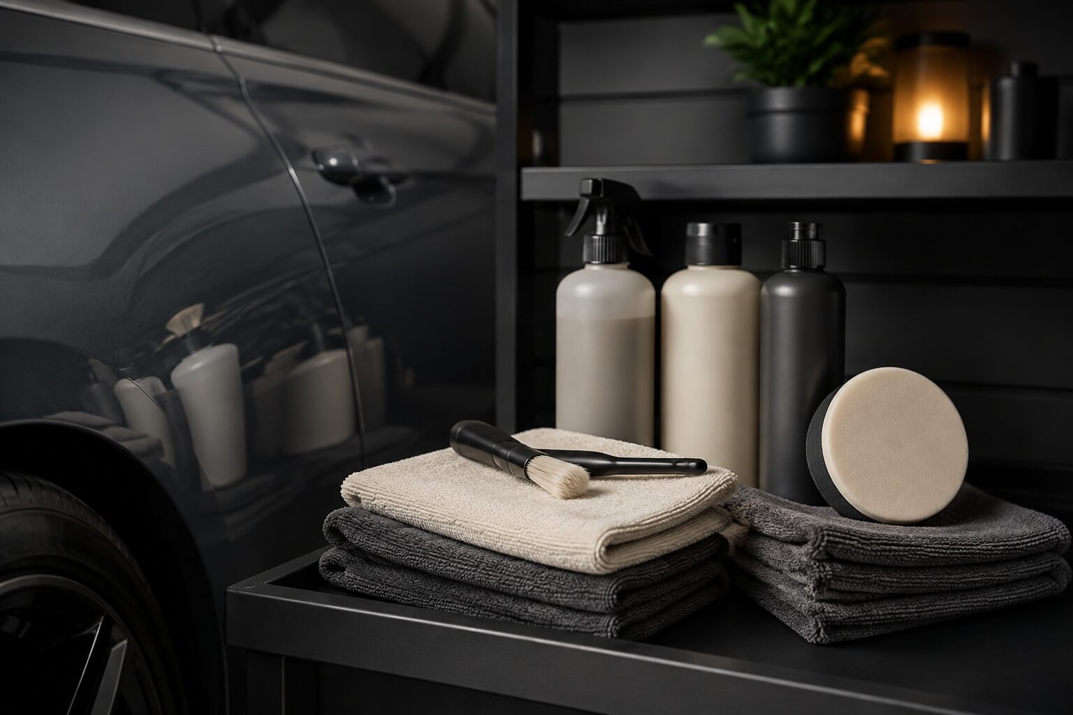 Car detailing cloths, brushes and polishing equipment