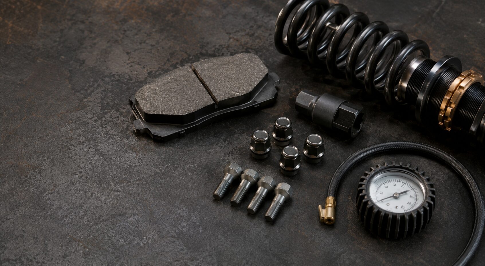 Brake, suspension and wheel components on a workshop bench