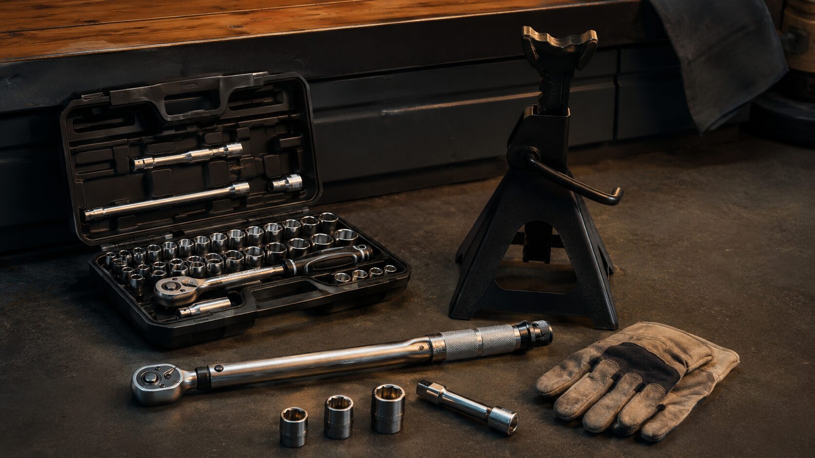 Automotive tools, torque wrench and jack stand